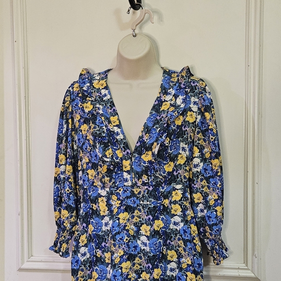 Code x Mode Blue/Yellow Multi-Color Floral Prairie Core Ruffle Maxi Dress, Large - Picture 8 of 16